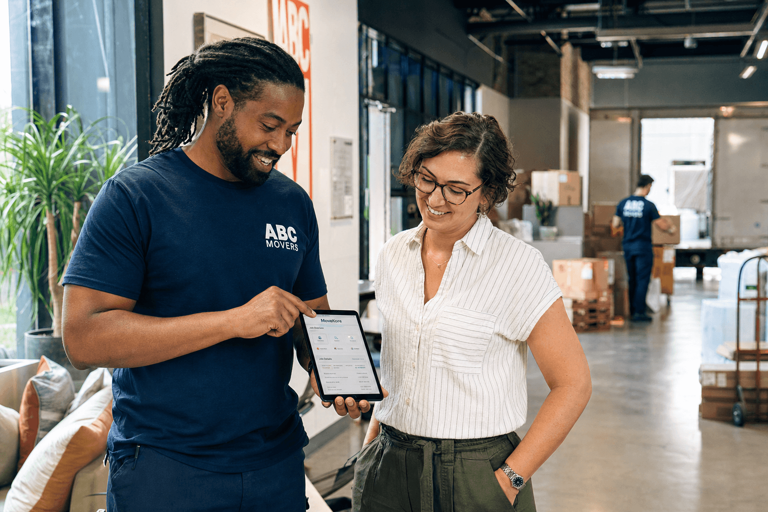 A commercial moving crew member reviewing a project with a client on a tablet
