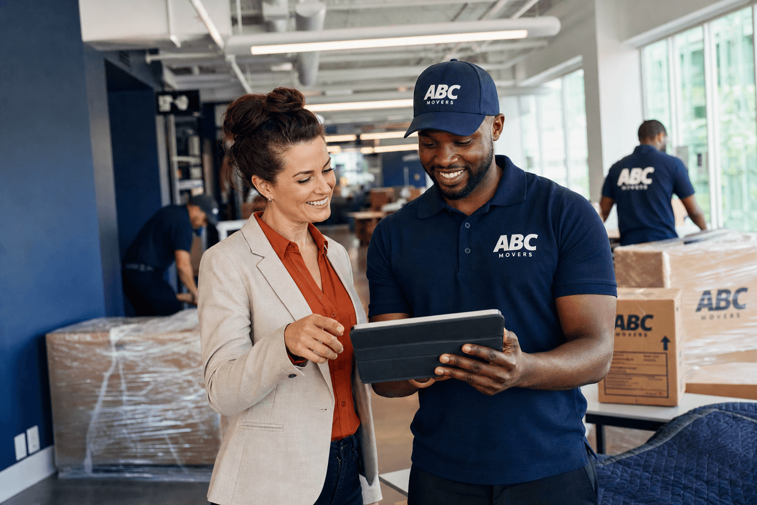 A commercial moving crew lead and a client reviewing a move on a tablet
